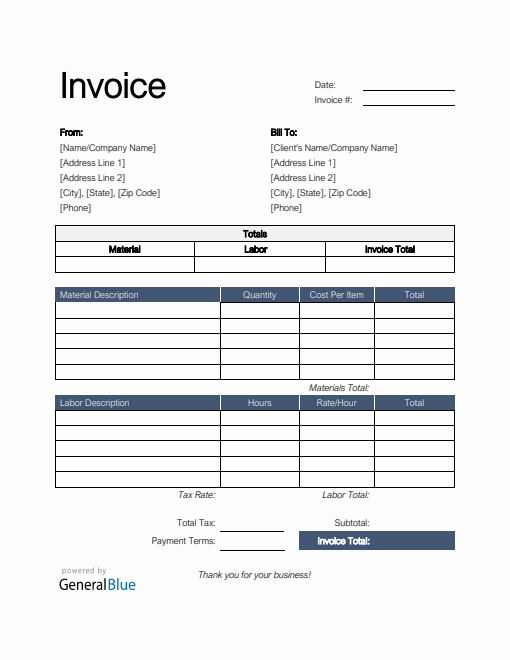 Parts and Labor Invoice in Word (Basic)