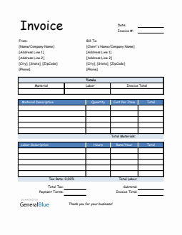 Parts and Labor Invoice in Excel (Blue)