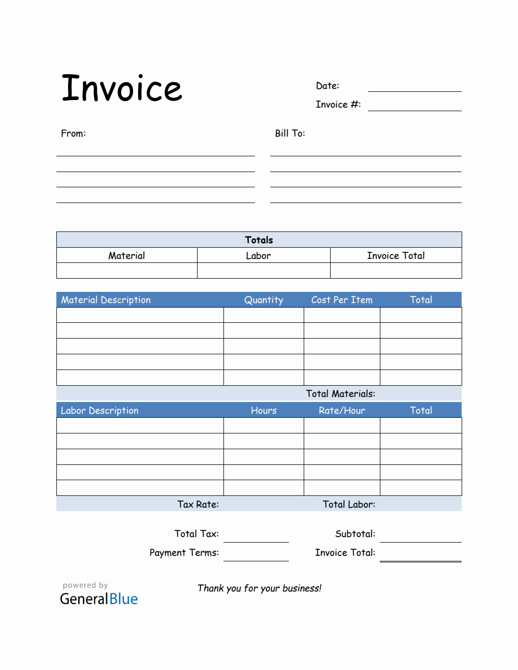 Parts and Labor Invoice in PDF (Blue)