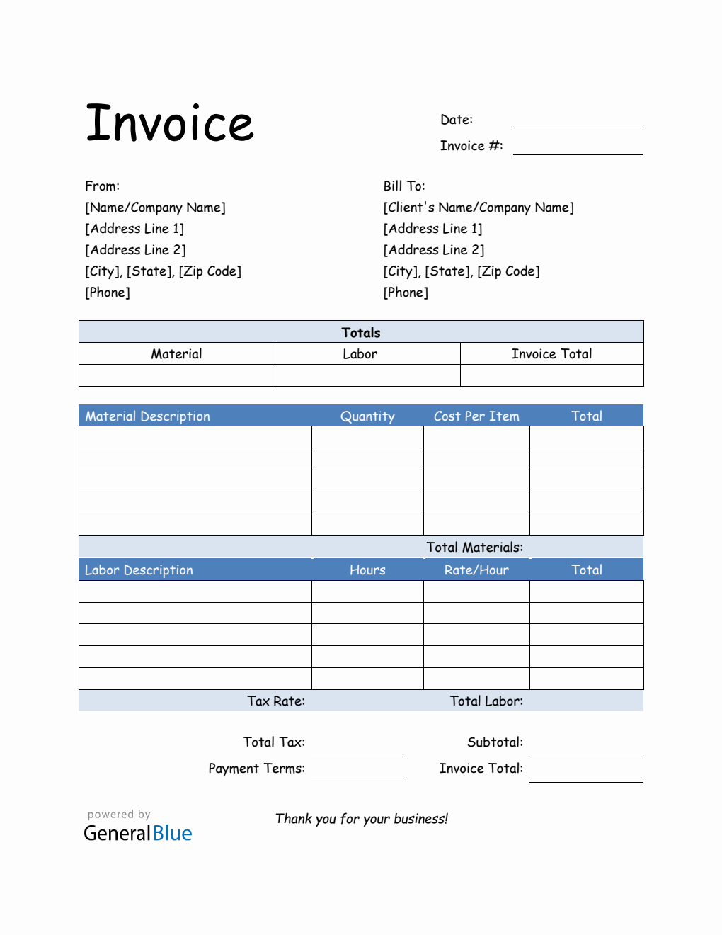 Parts and Labor Invoice in Word (Blue)