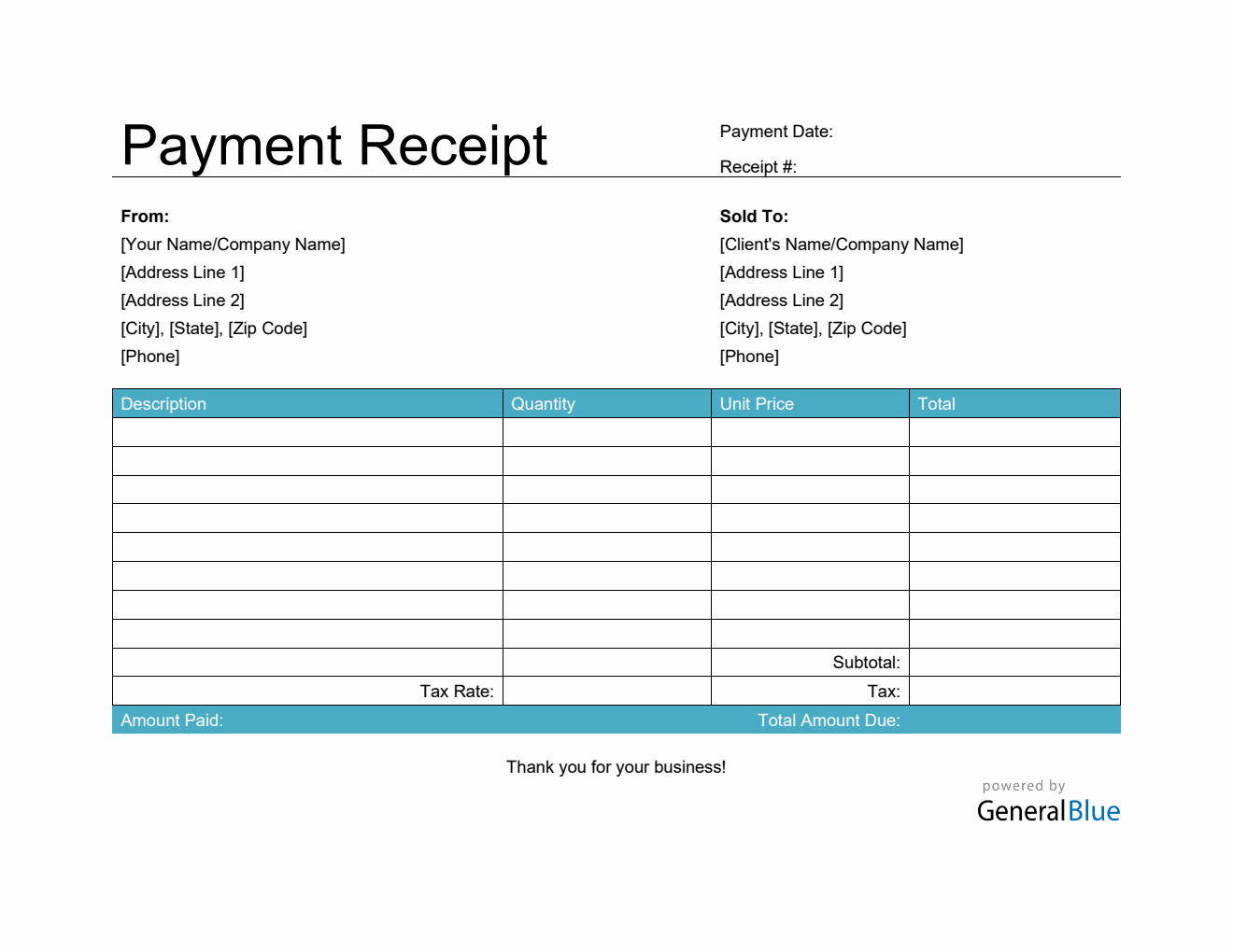 Payment Receipt Template in Word (Aqua)