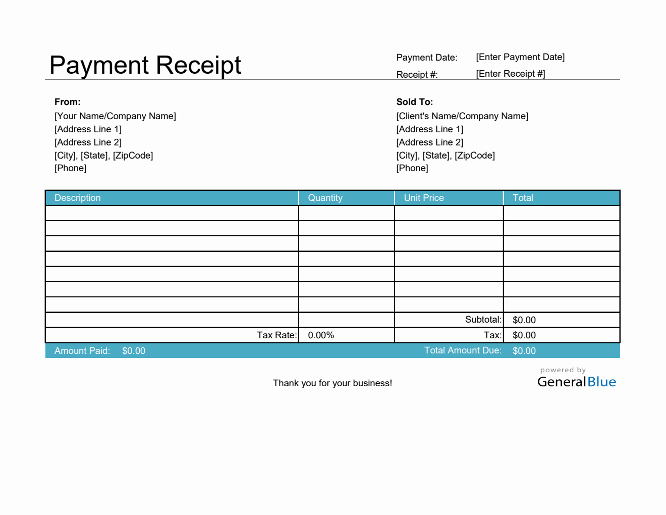 Payment Receipt Template in Excel (Aqua)