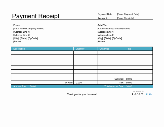 Payment Receipt Template in Excel (Aqua)