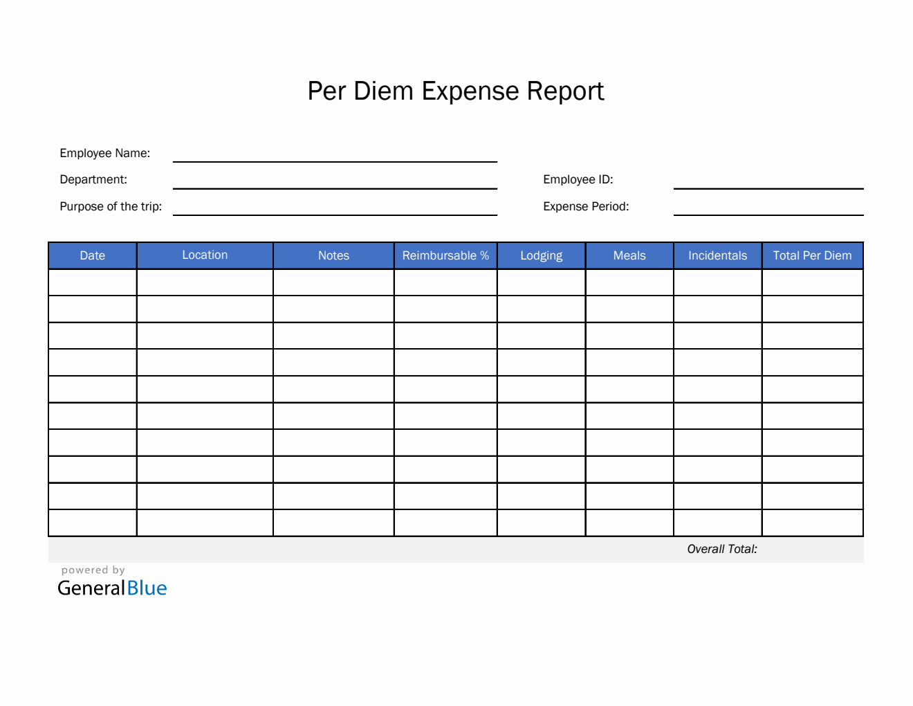 Per Diem Expense Report Template in Excel (Blue)