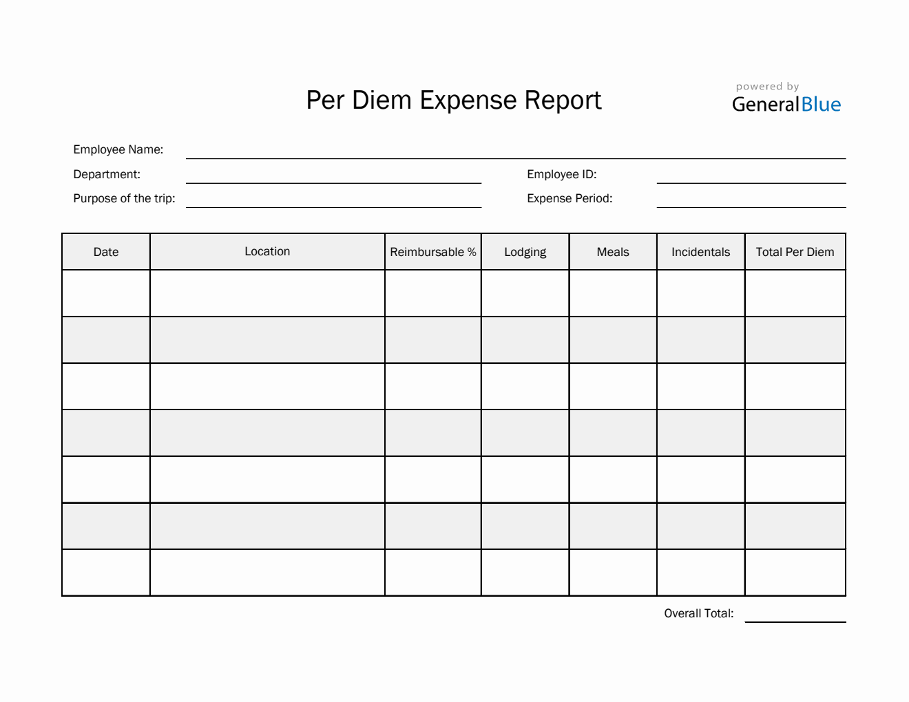 Per Diem Expense Report Template in Excel (Striped)