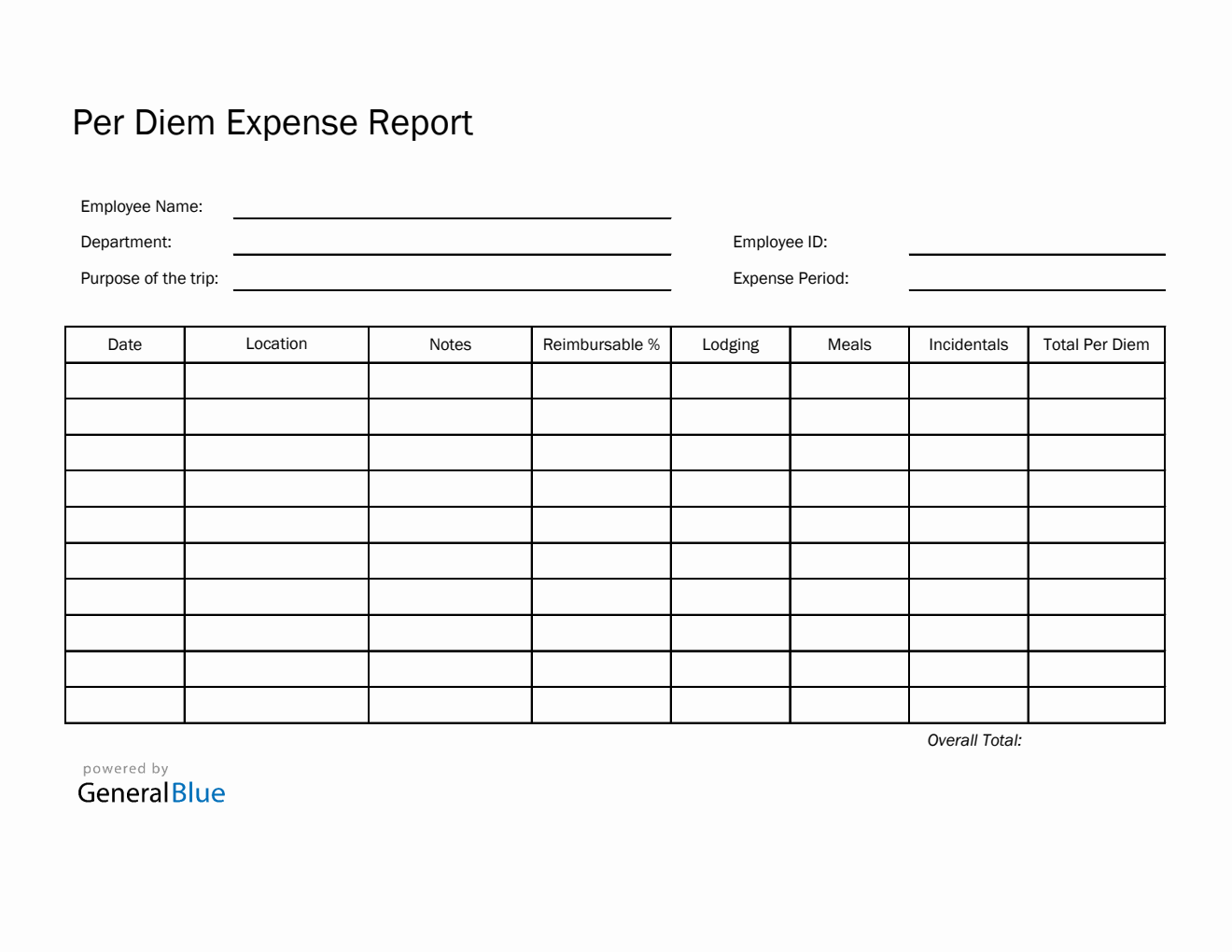 Per Diem Expense Report Template in Excel (Printable)
