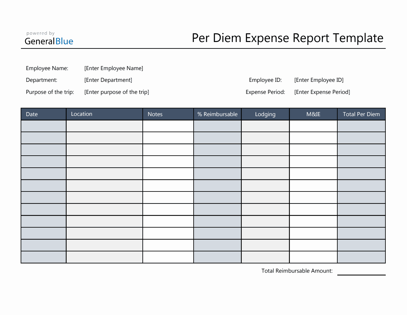 Editable Per Diem Expense Report in Excel