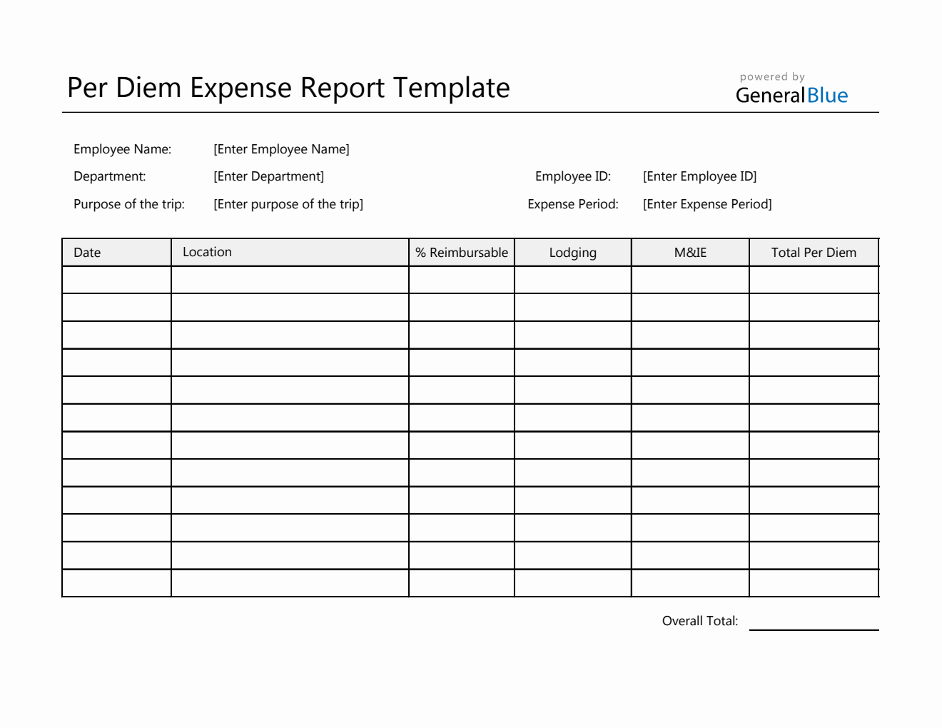 Printable Per Diem Expense Report in Excel
