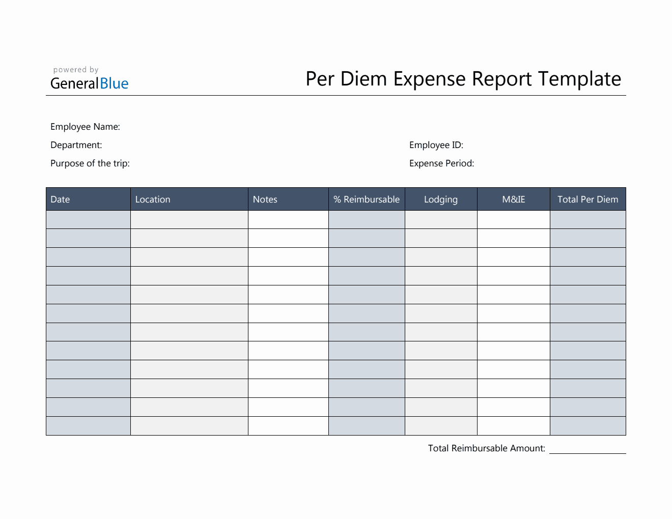 Per D Editable Per Diem Expense Report in PDF