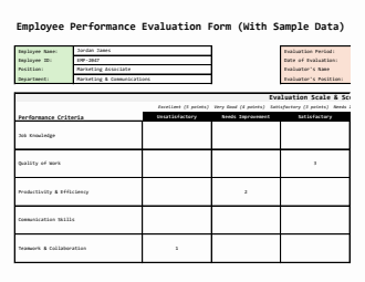 Excel Employee Performance Evaluation Form with Sample Data and Auto-Calculations
