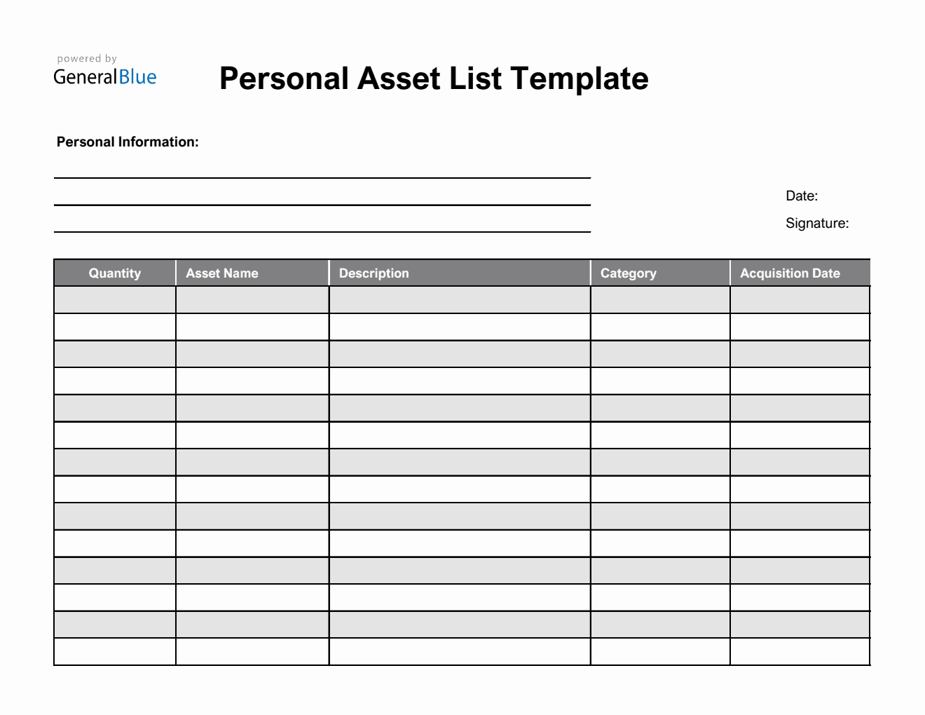 Personal Asset List Template in Excel