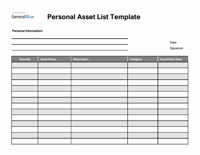 Personal Asset List Template in Excel
