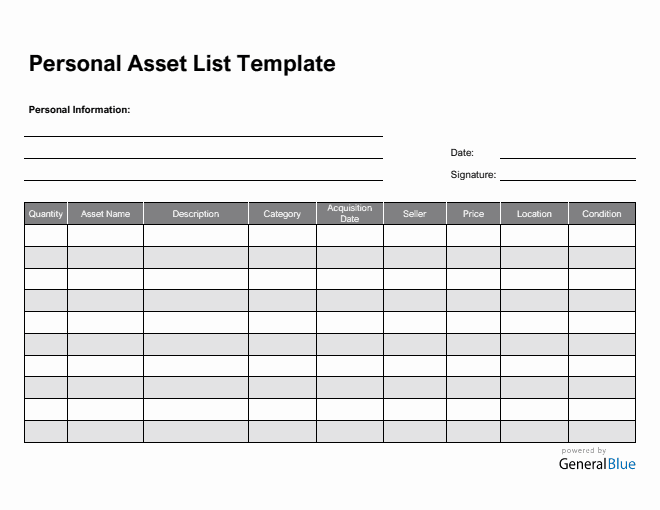 Personal Asset List Template in Word