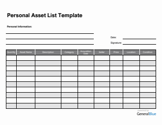 Personal Asset List Template in Word