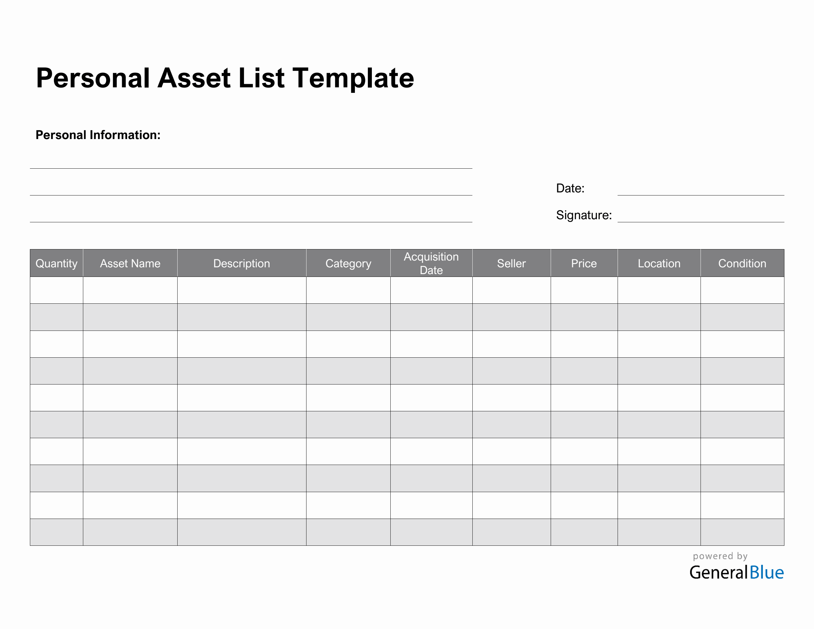 Personal Asset List Template in PDF Personal Asset List Template in PDF