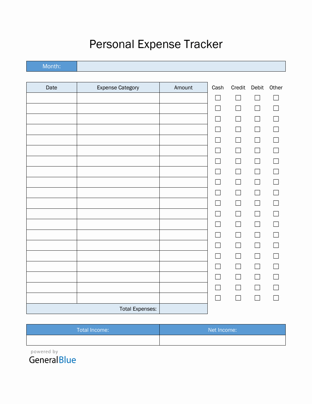 Personal Expense Tracker in PDF (Blue)