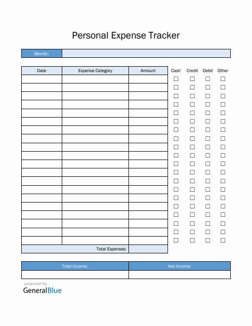 Personal Expense Tracker in PDF (Blue)