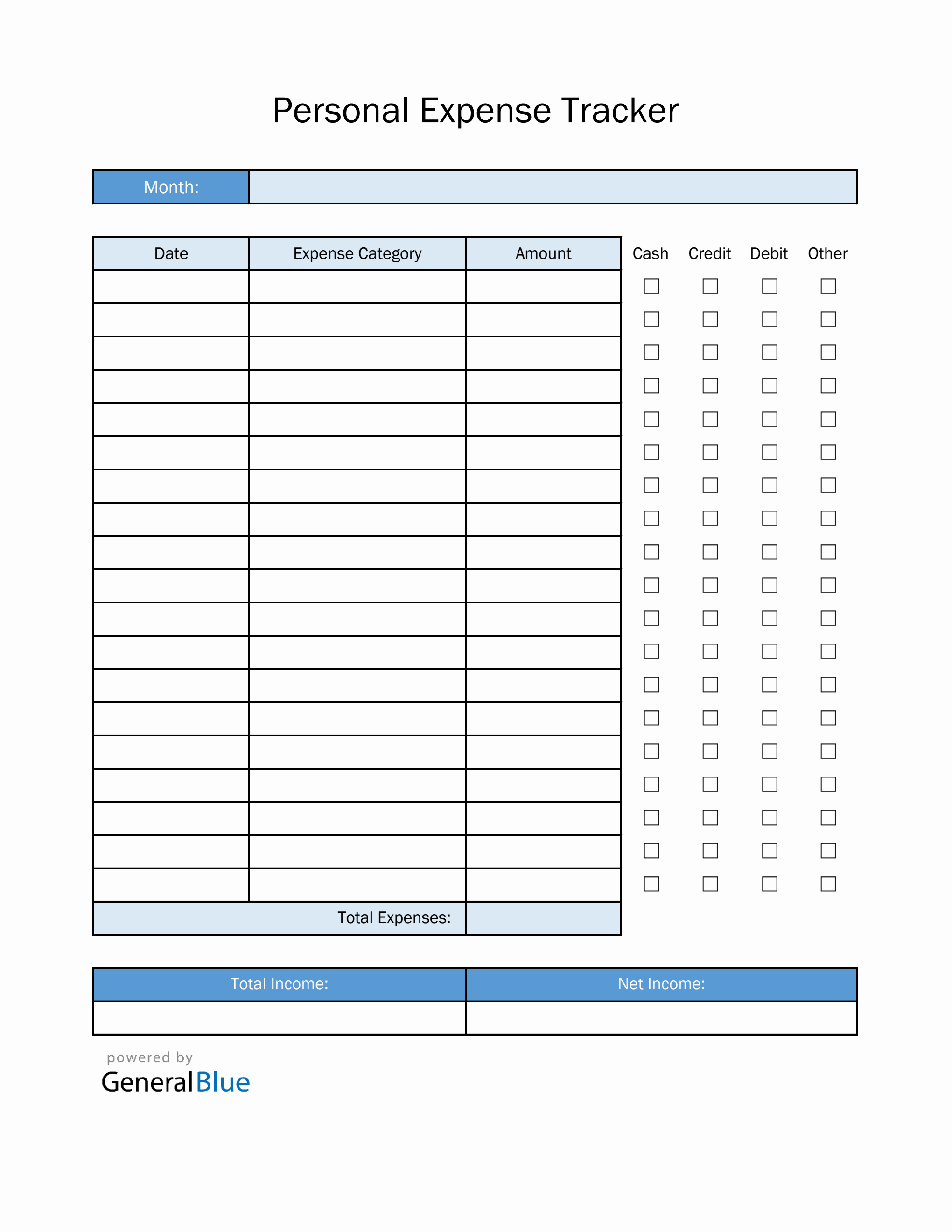Personal Expense Tracker in Excel (Blue)