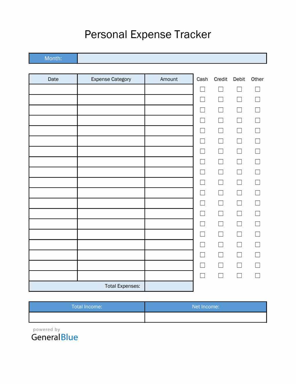 Personal Expense Tracker in Excel (Blue)