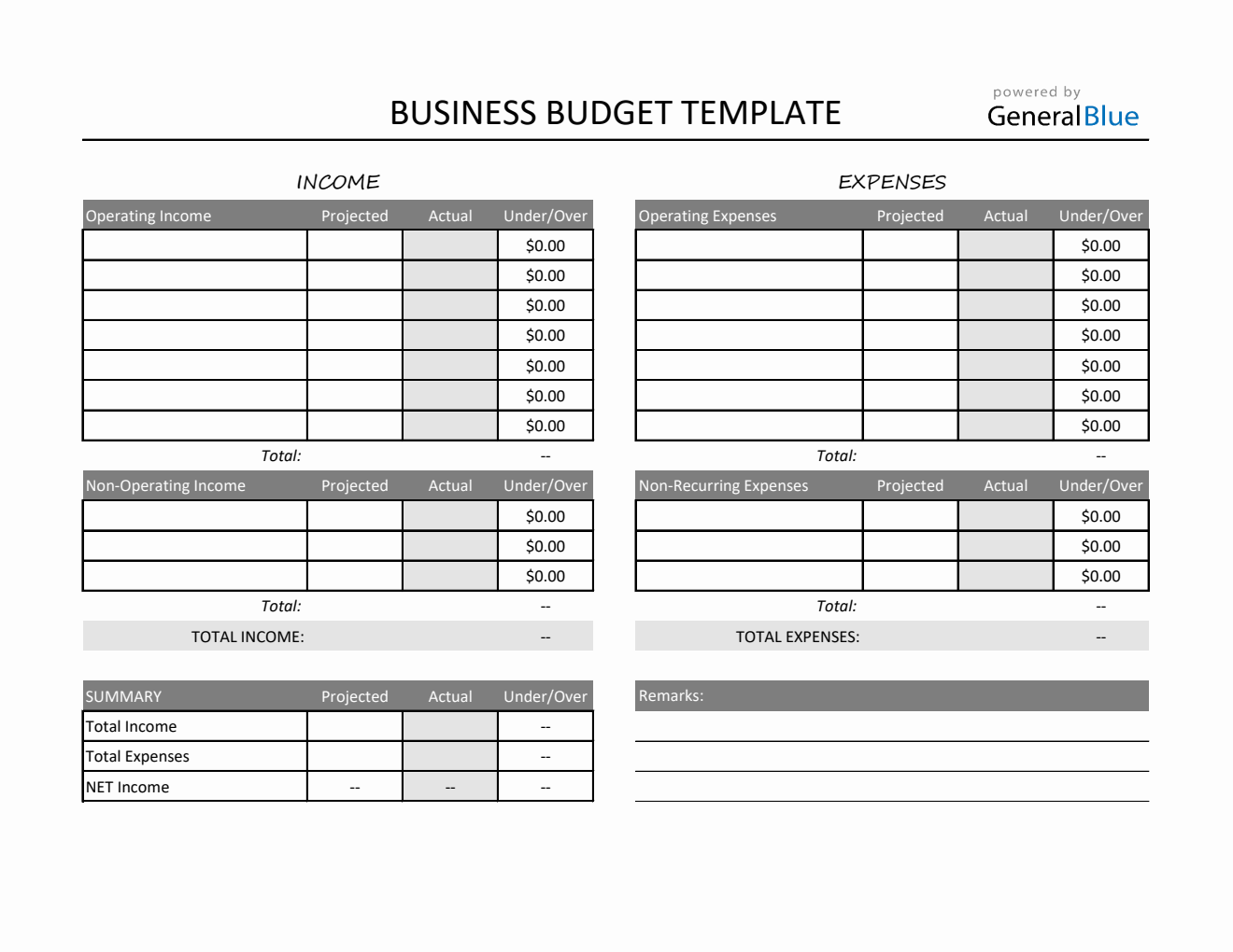 Printable Business Budget Template in Excel (Gray)