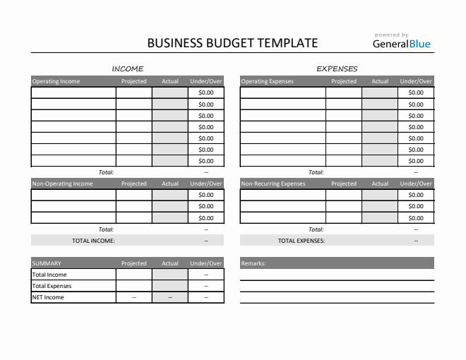 Printable Business Budget Template in Excel (Gray)