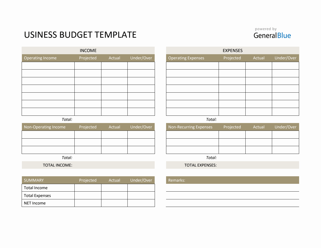 Printable Business Budget Template in Excel (Basic)
