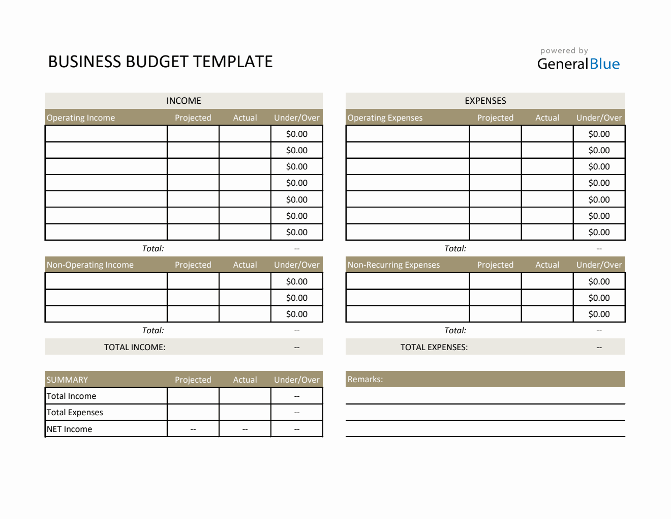 Printable Business Budget Template in Excel (Basic)