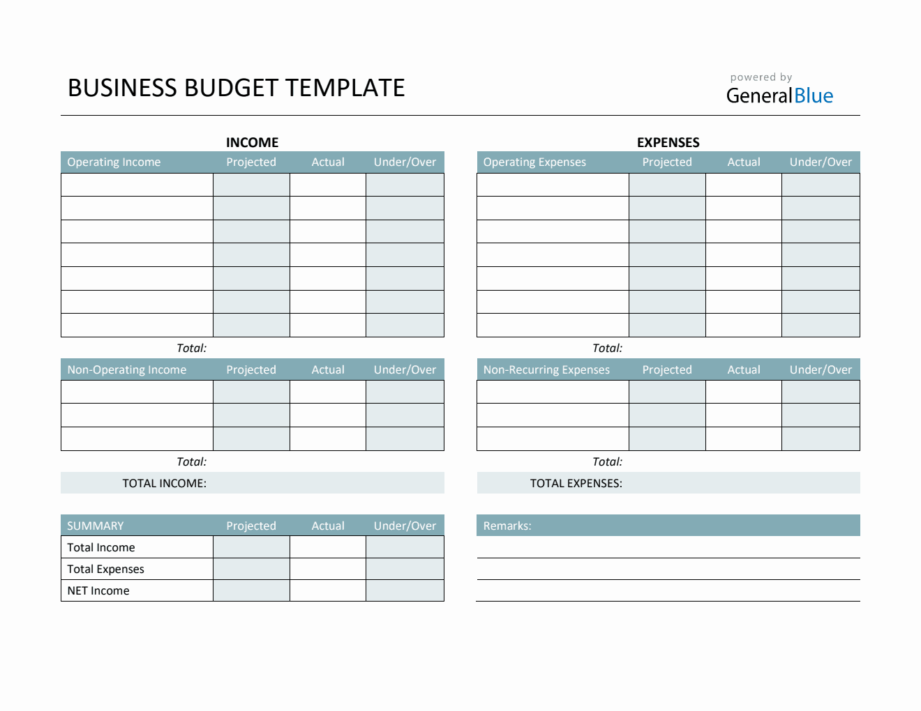 Printable Business Budget Template in PDF (Colorful)