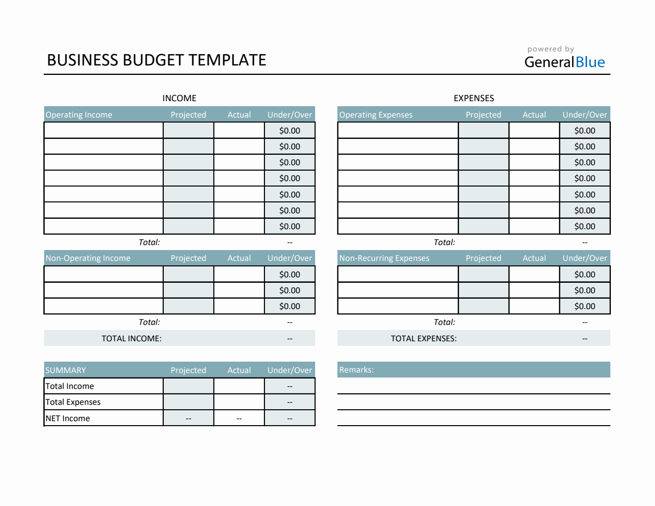 Printable Business Budget Template in Excel (Colorful)