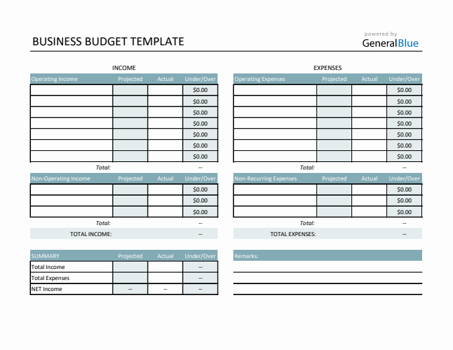 Printable Business Budget Template in Excel (Colorful)
