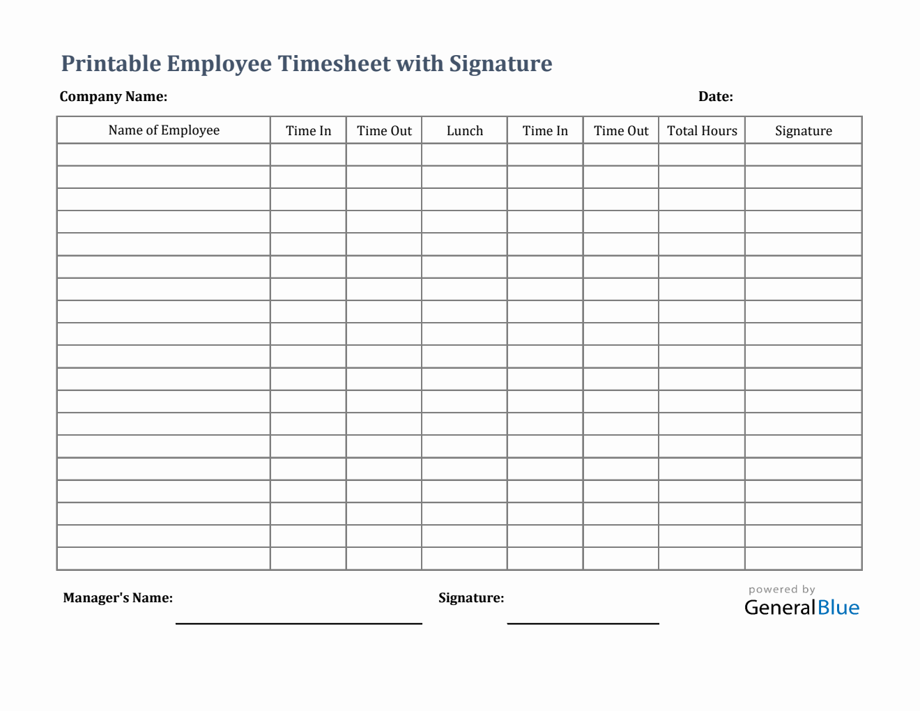 Printable Employee Timesheet With Signature in Excel