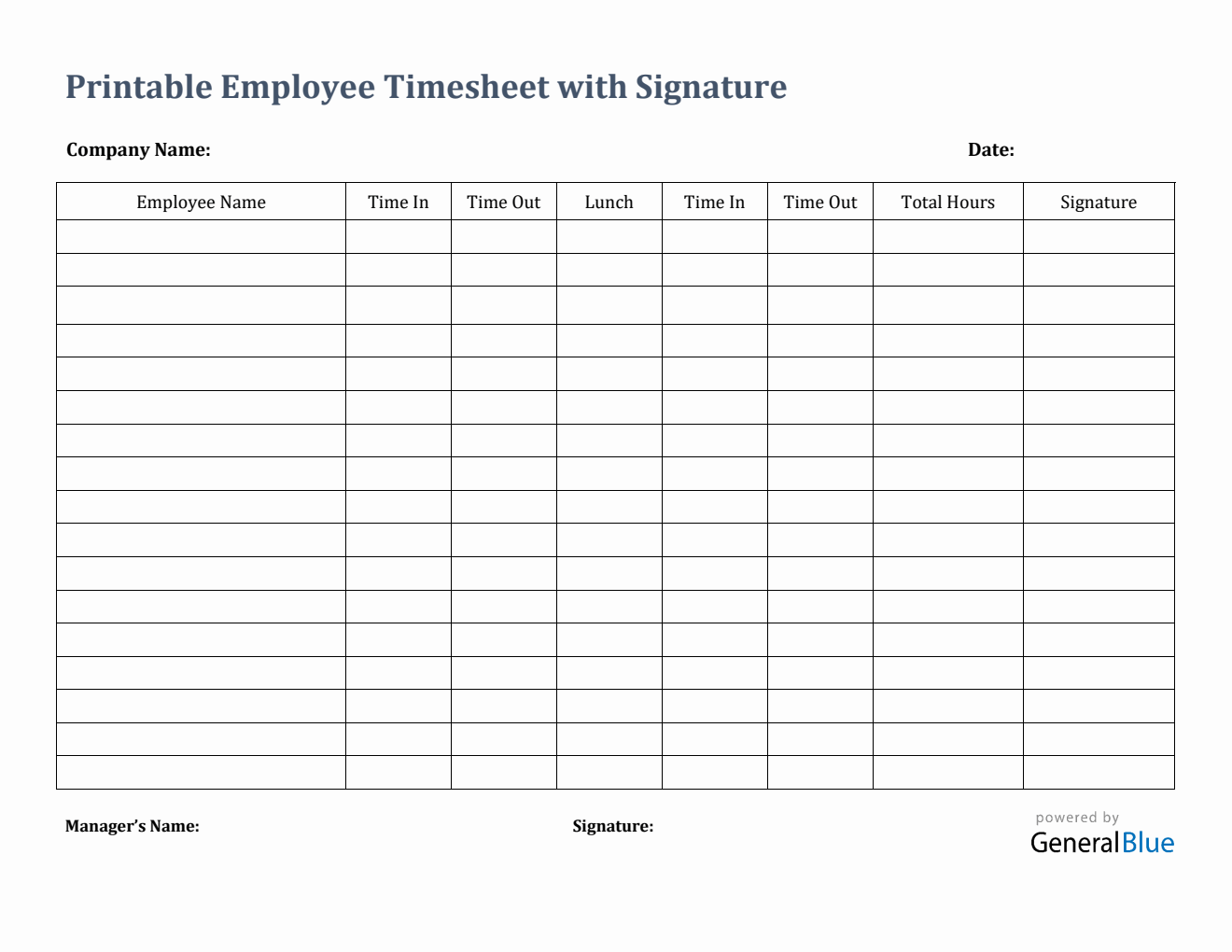 Printable Employee Timesheet With Signature in PDF