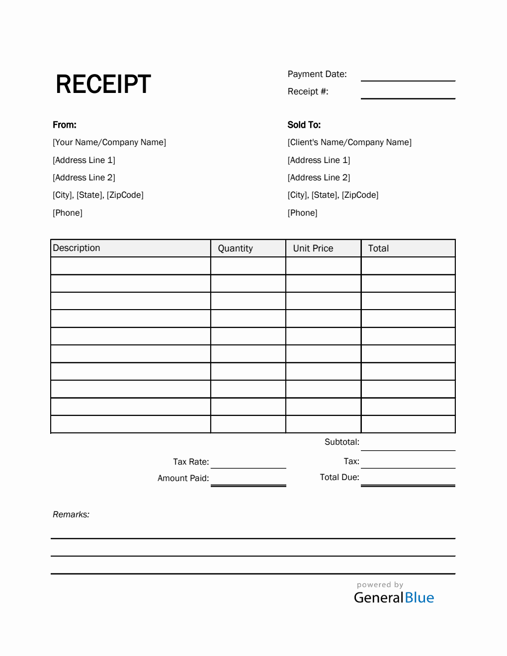 Printable Receipt Template in Excel (Simple)