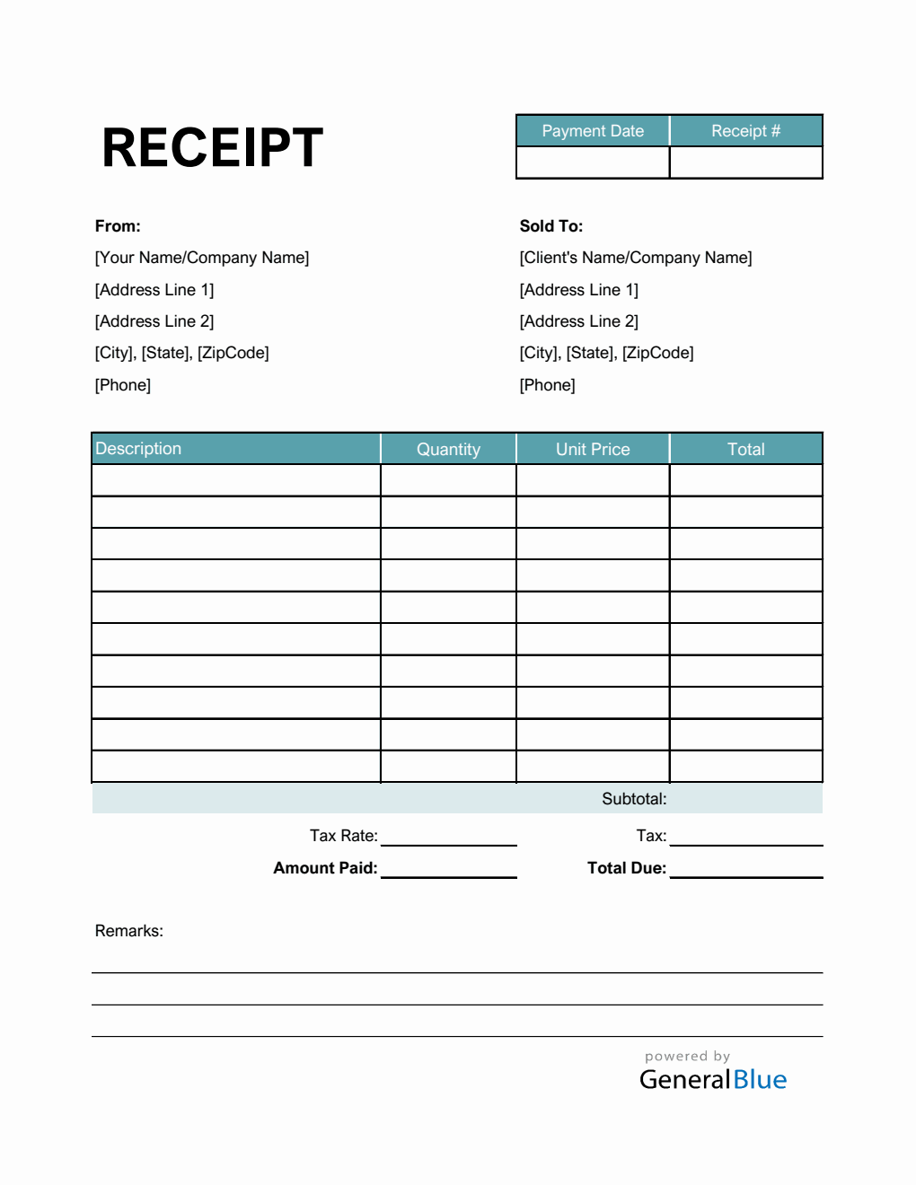 Printable Receipt Template in Excel (Basic)