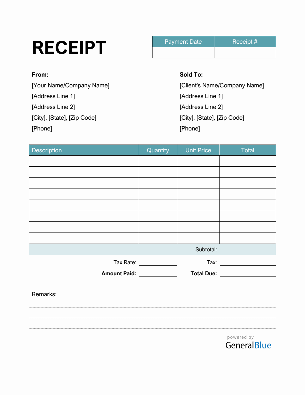 Printable Receipt Template in Word (Basic)