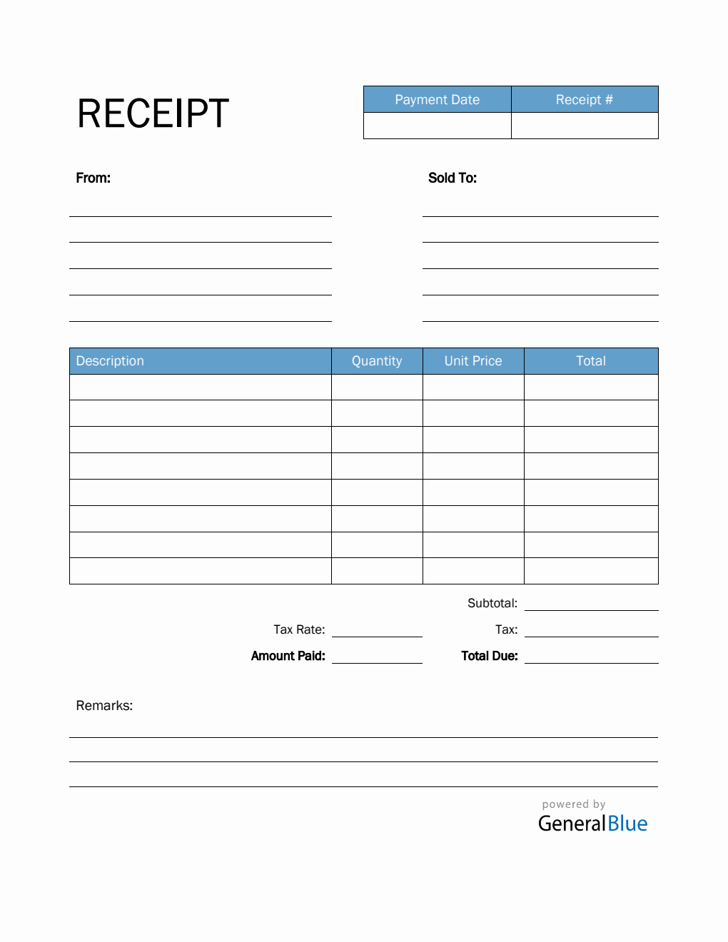 Printable Receipt Template in PDF (Blue)