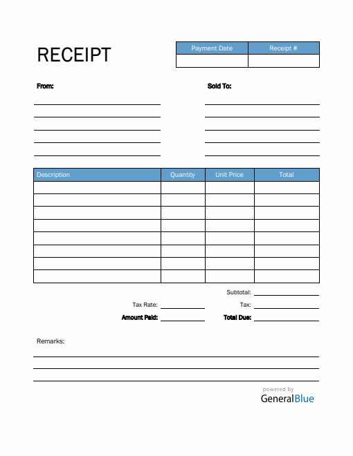 Printable Receipt Template in PDF (Blue)