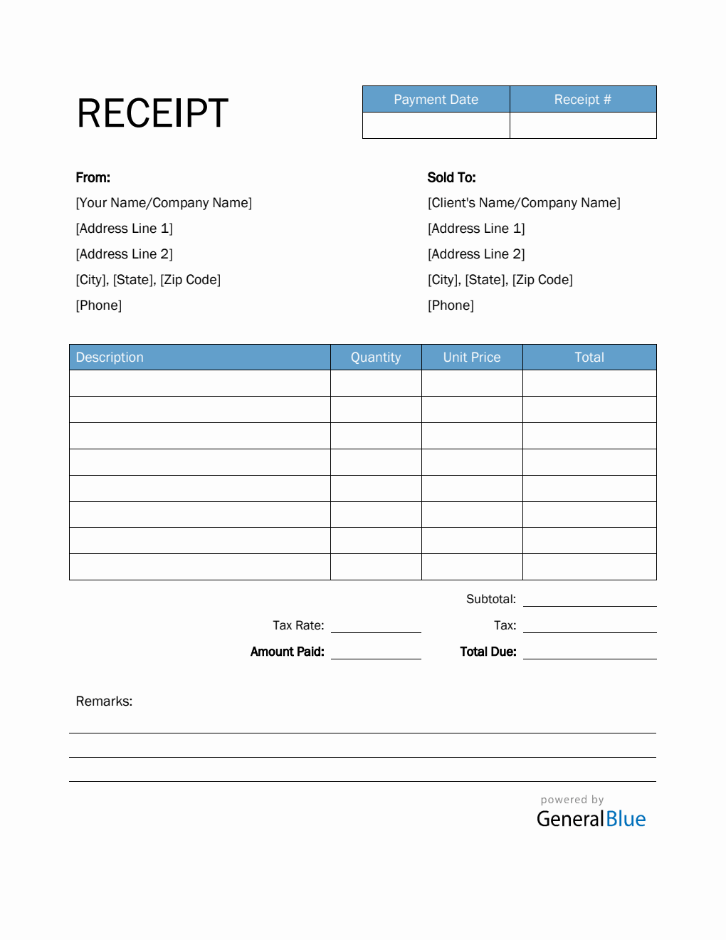 Printable Receipt Template in Word (Blue)