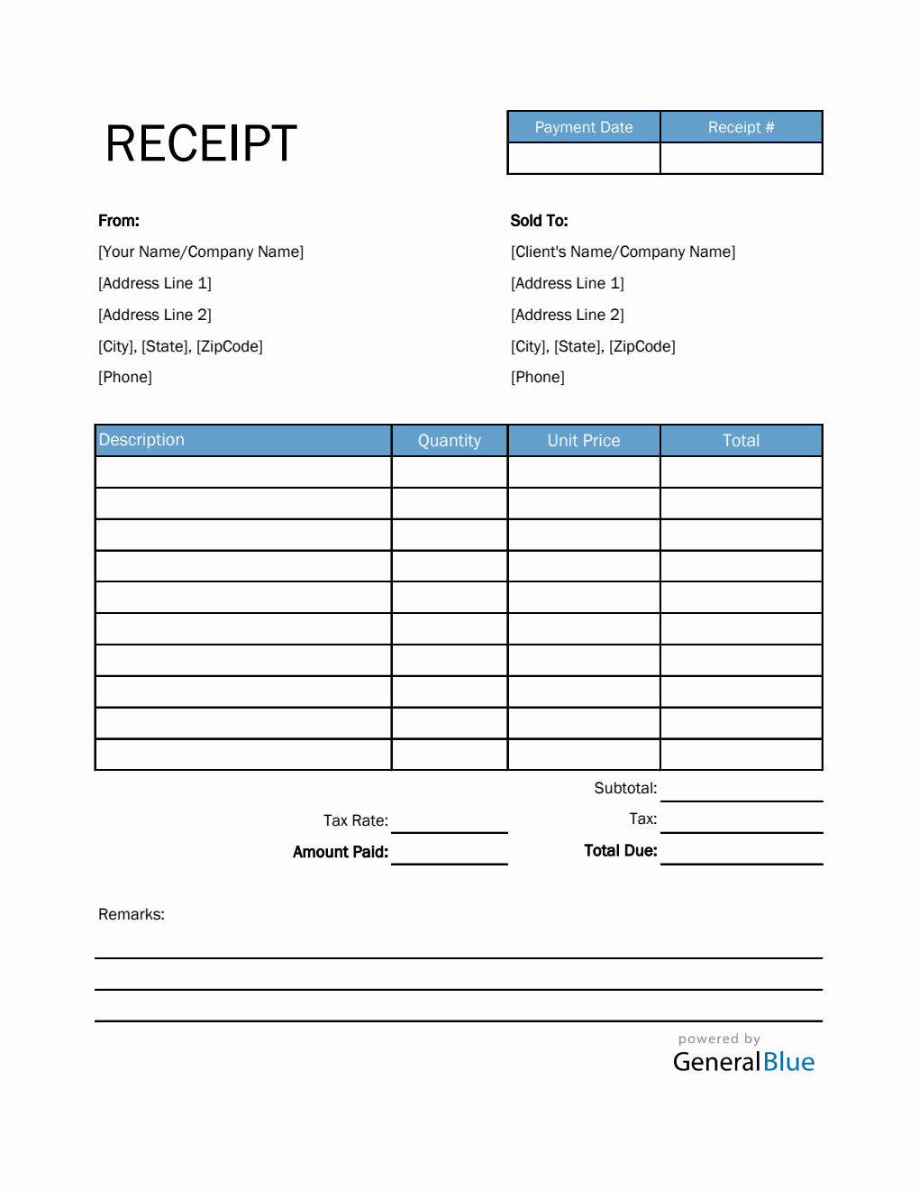Printable Receipt Template in Excel (Blue)