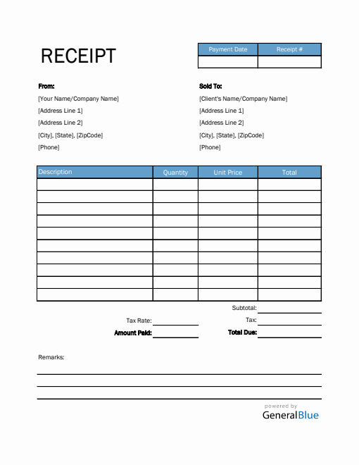Printable Receipt Template in Excel (Blue)