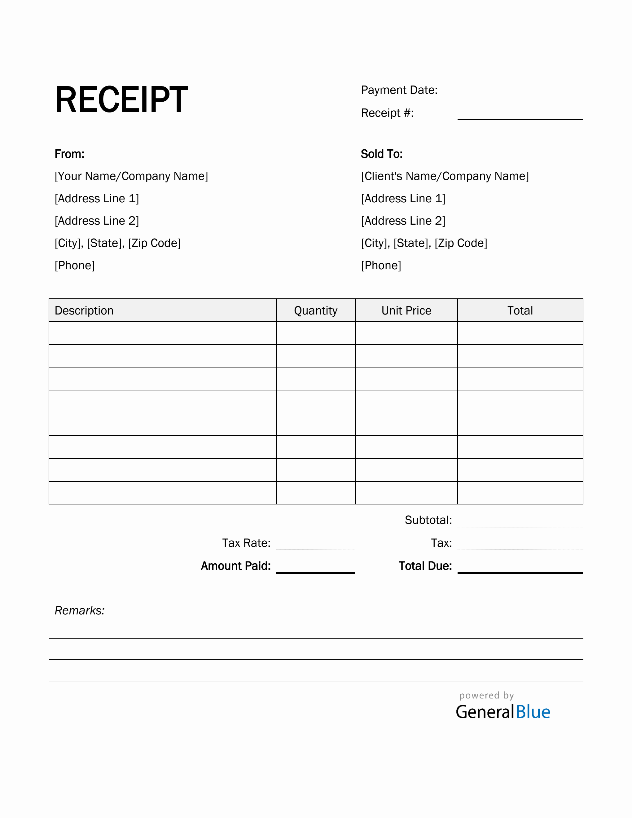 printable receipt template in word simple