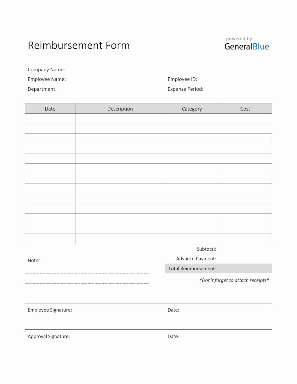 Printable Reimbursement Form in Word (Gray)