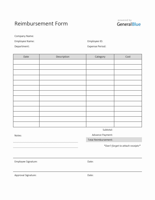 Printable Reimbursement Form in Word (Gray)