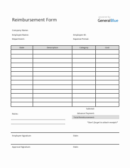Printable Reimbursement Form in Excel (Gray)