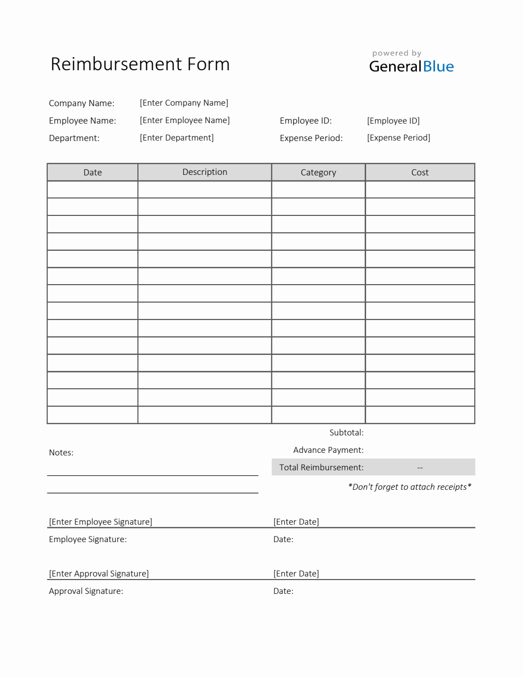 Printable Reimbursement Form in Excel (Gray)