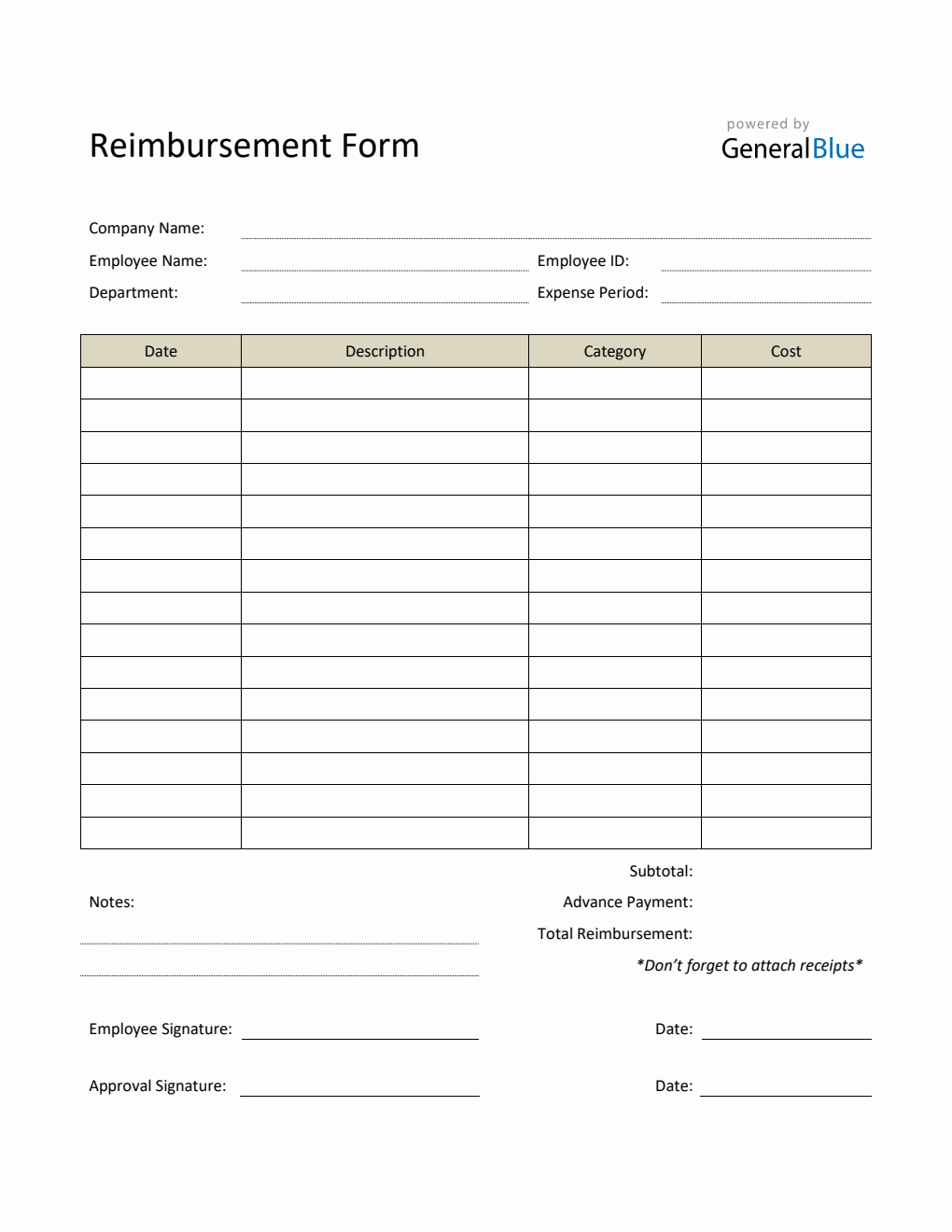 Printable Reimbursement Form in PDF (Basic)