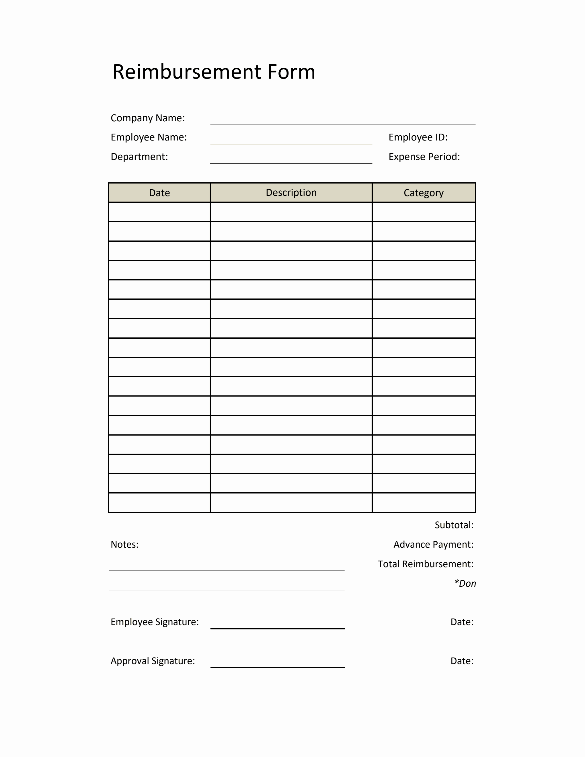 Printable Reimbursement Form In Excel Basic