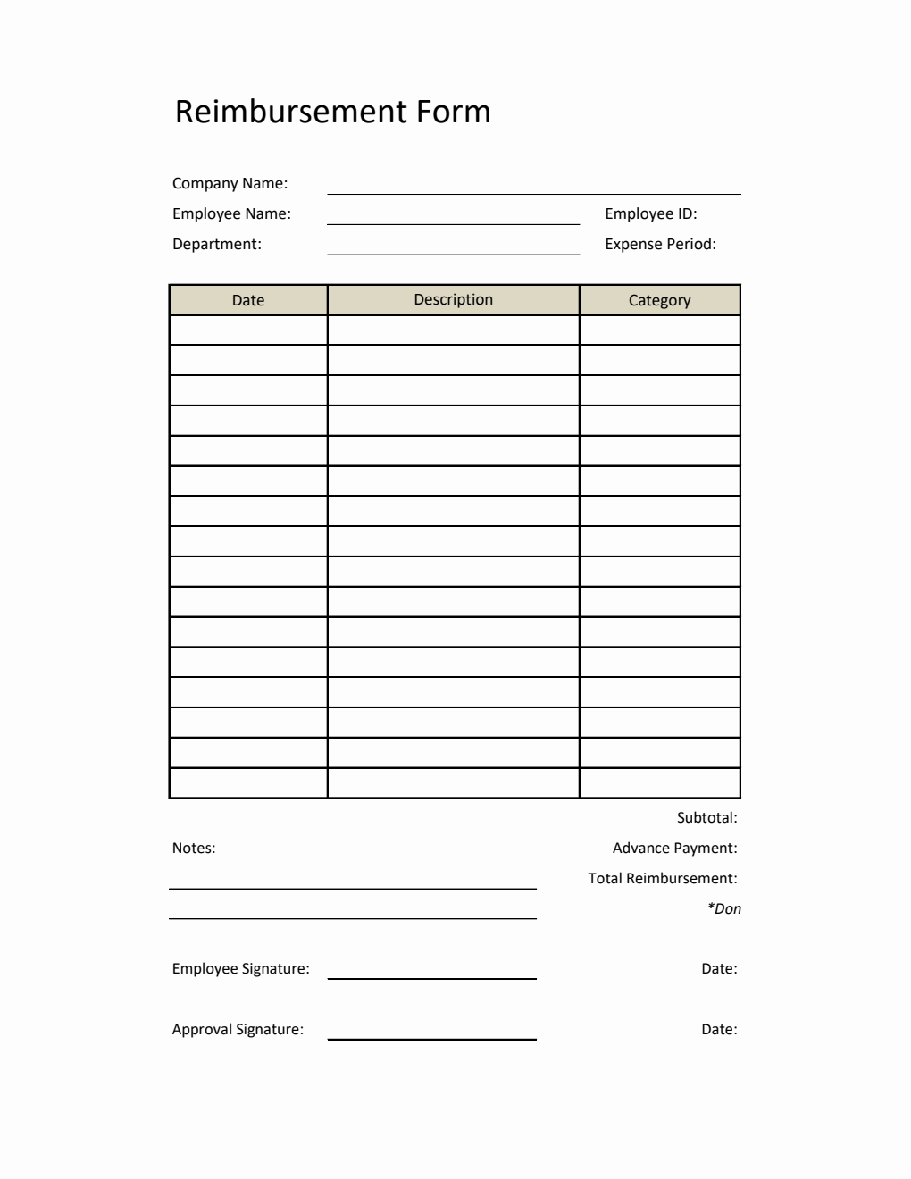 Printable Reimbursement Form in Excel (Basic)