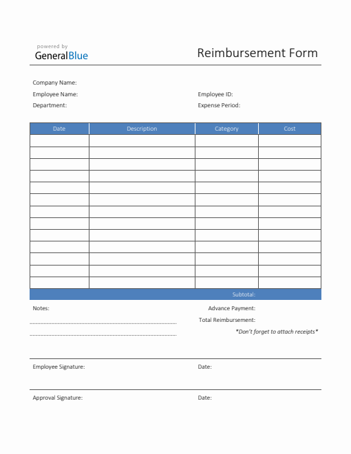 Printable Reimbursement Form in Word (Blue)