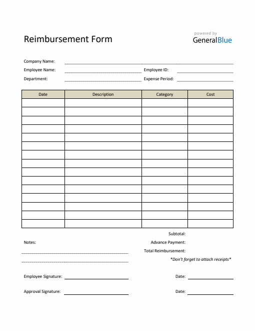 Printable Reimbursement Form in Word (Basic)